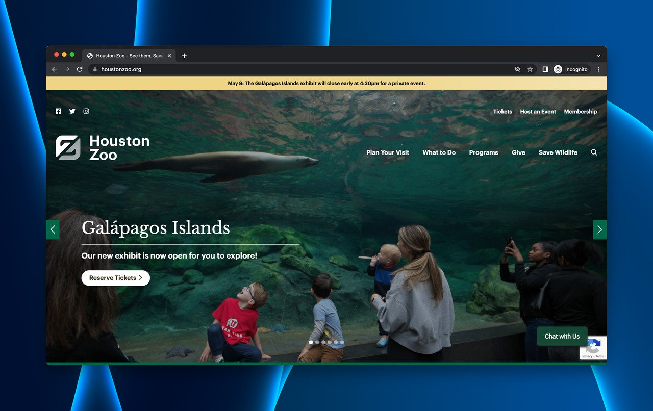 Bilet rezervasyonu imkanı sunan Houston zoo açılış sayfası