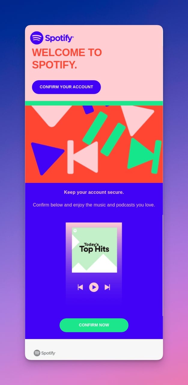 Spotify confirmation email with colorful gradient background and confirm button