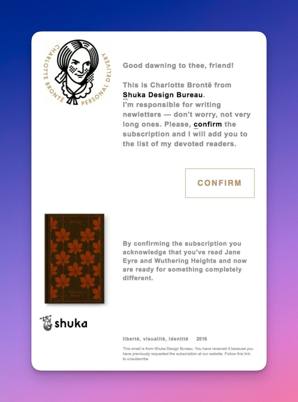 Shuka confirmation email featuring Charlotte Bronte illustration and literary reference