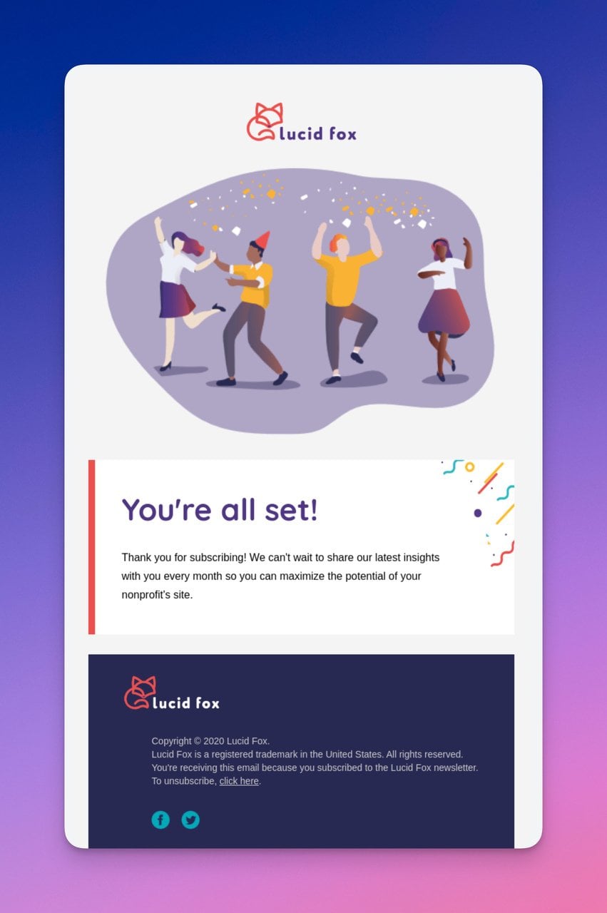 Lucid Fox confirmation email with dancing celebration illustration