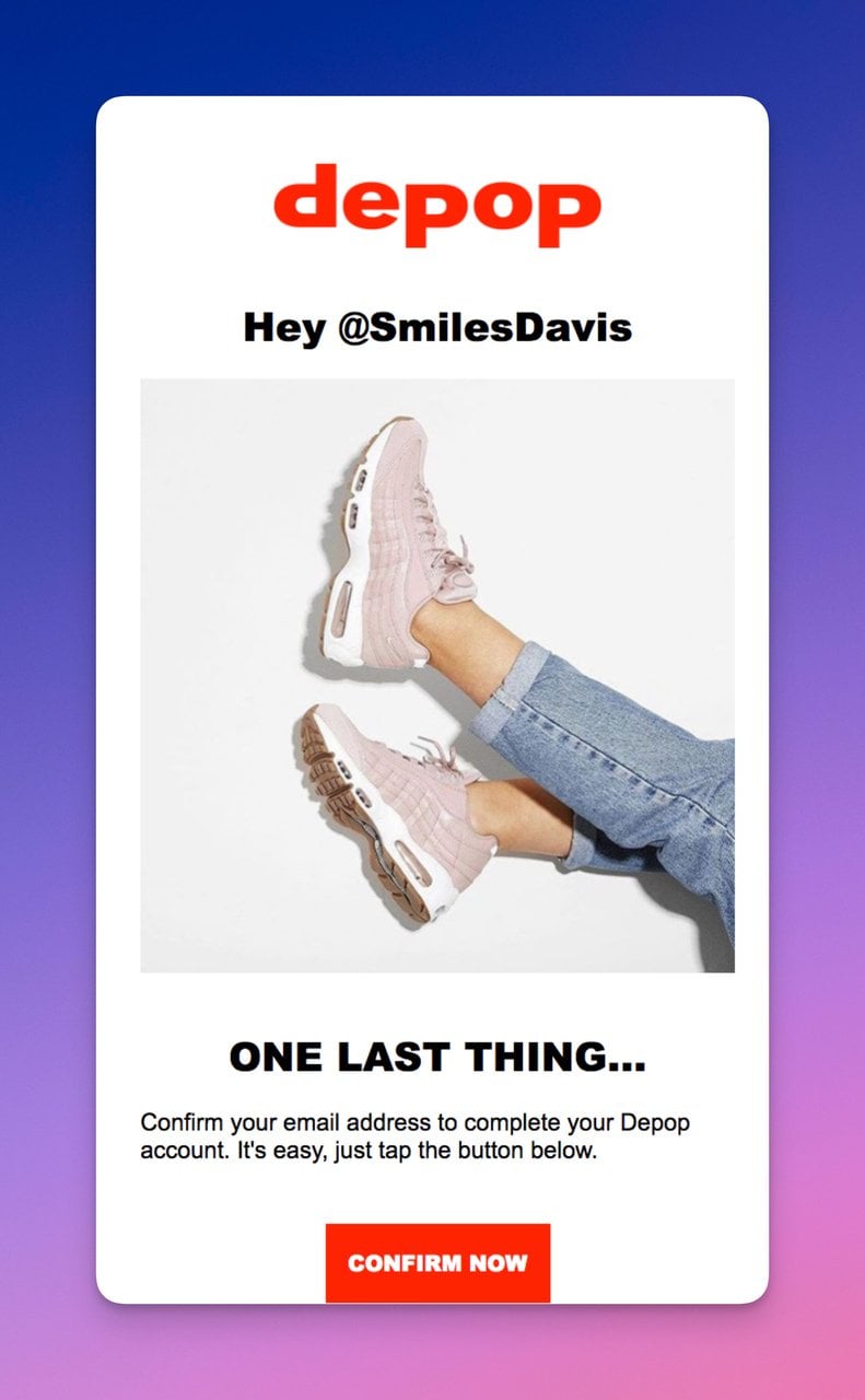 Depop confirmation email with shoes image and personalized username greeting