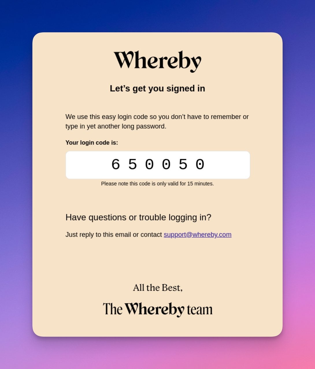 Whereby confirmation email on beige background with login code