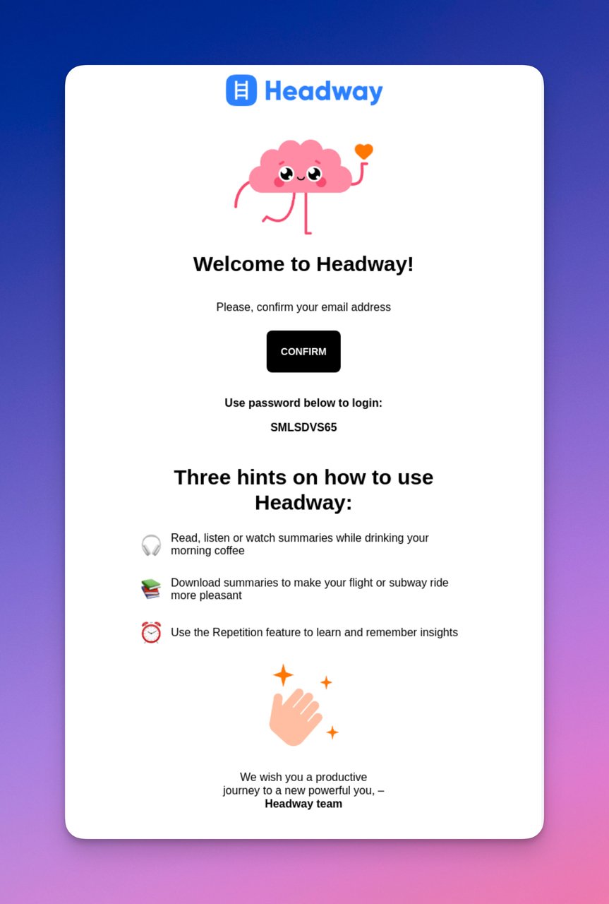 Headway confirmation email with cute illustrations and dual login options