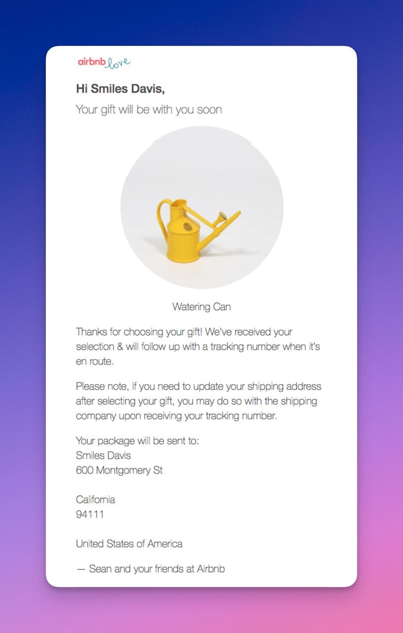Airbnb gift confirmation email with yellow watering pot illustration and detailed message