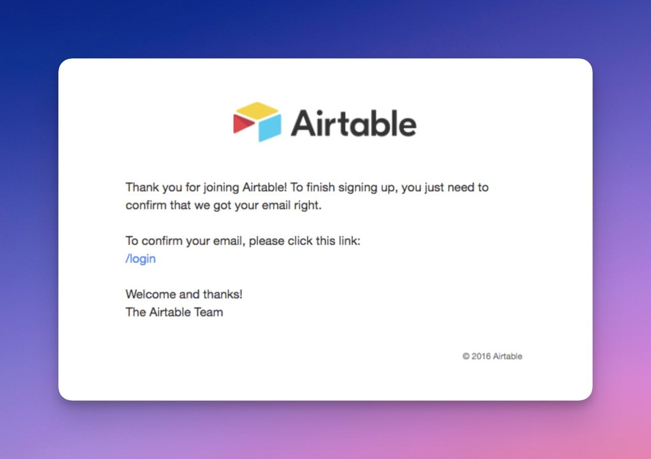 Airtable confirmation email with only three sentences and a text link