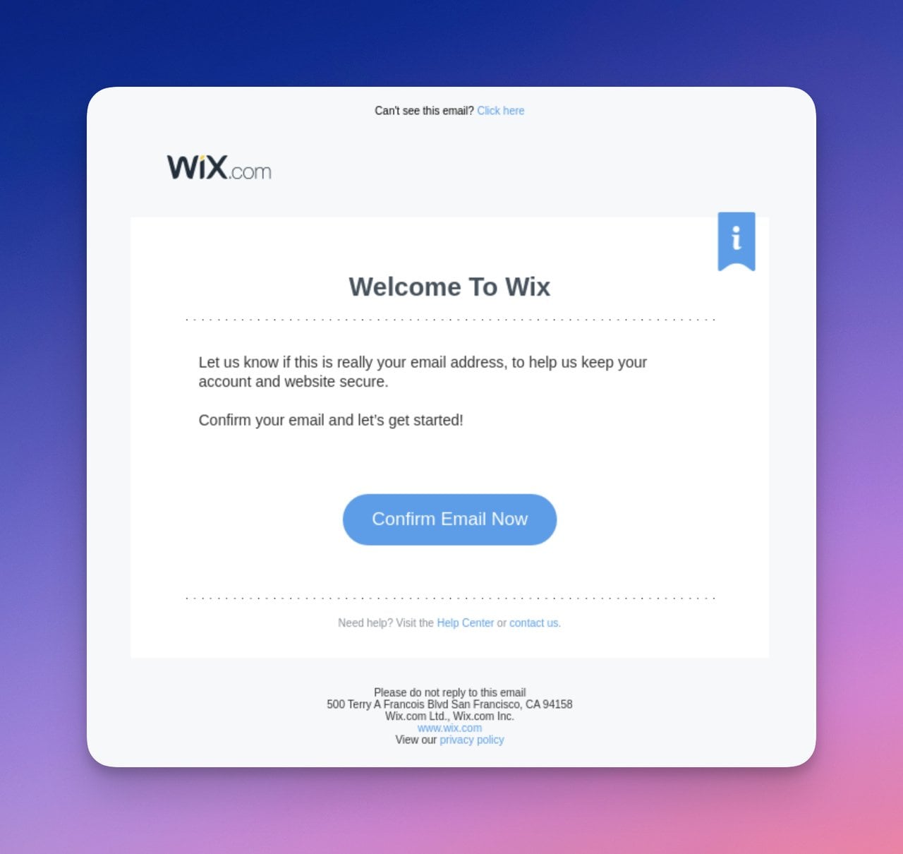 Wix confirmation email with a short message and single confirm button