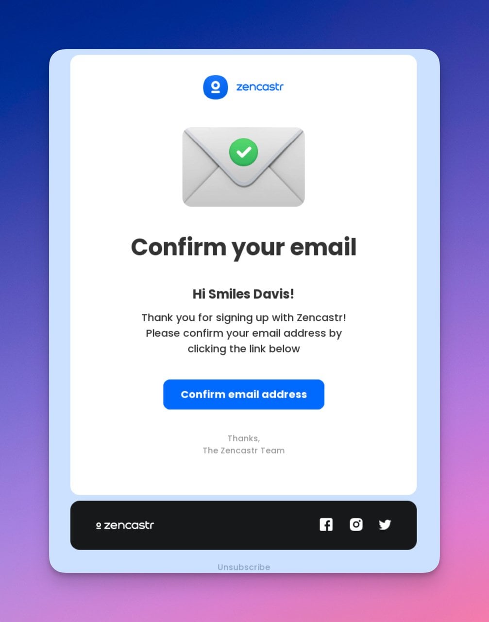 Zencastr confirmation email with email icon illustration and verify button