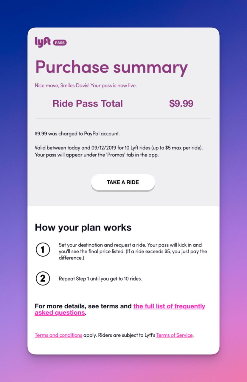 Lyft confirmation email showing ride purchase summary with discount for next ride