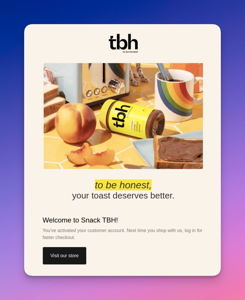Snack TBH account activation email on beige background with brand food imagery