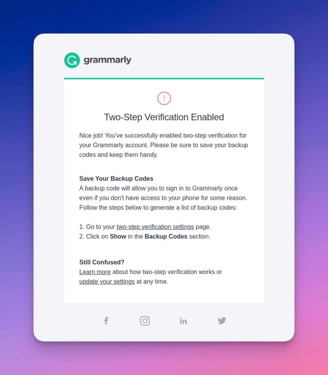 Grammarly confirmation email showing two-step verification settings details