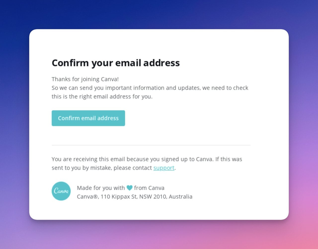 Canva confirmation email with brand colors and support contact link