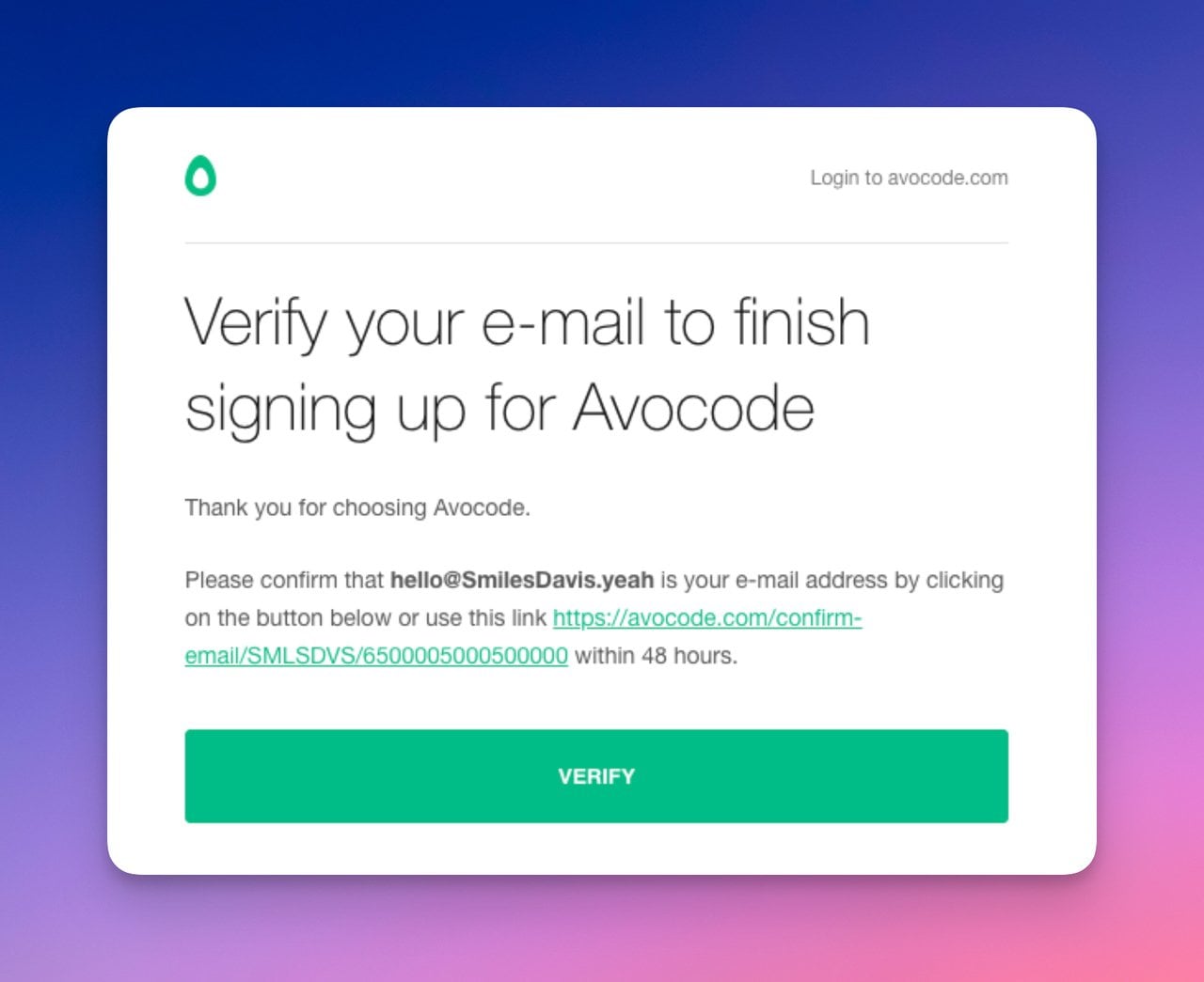 Avocode confirmation email with green tones and 48-hour expiration notice