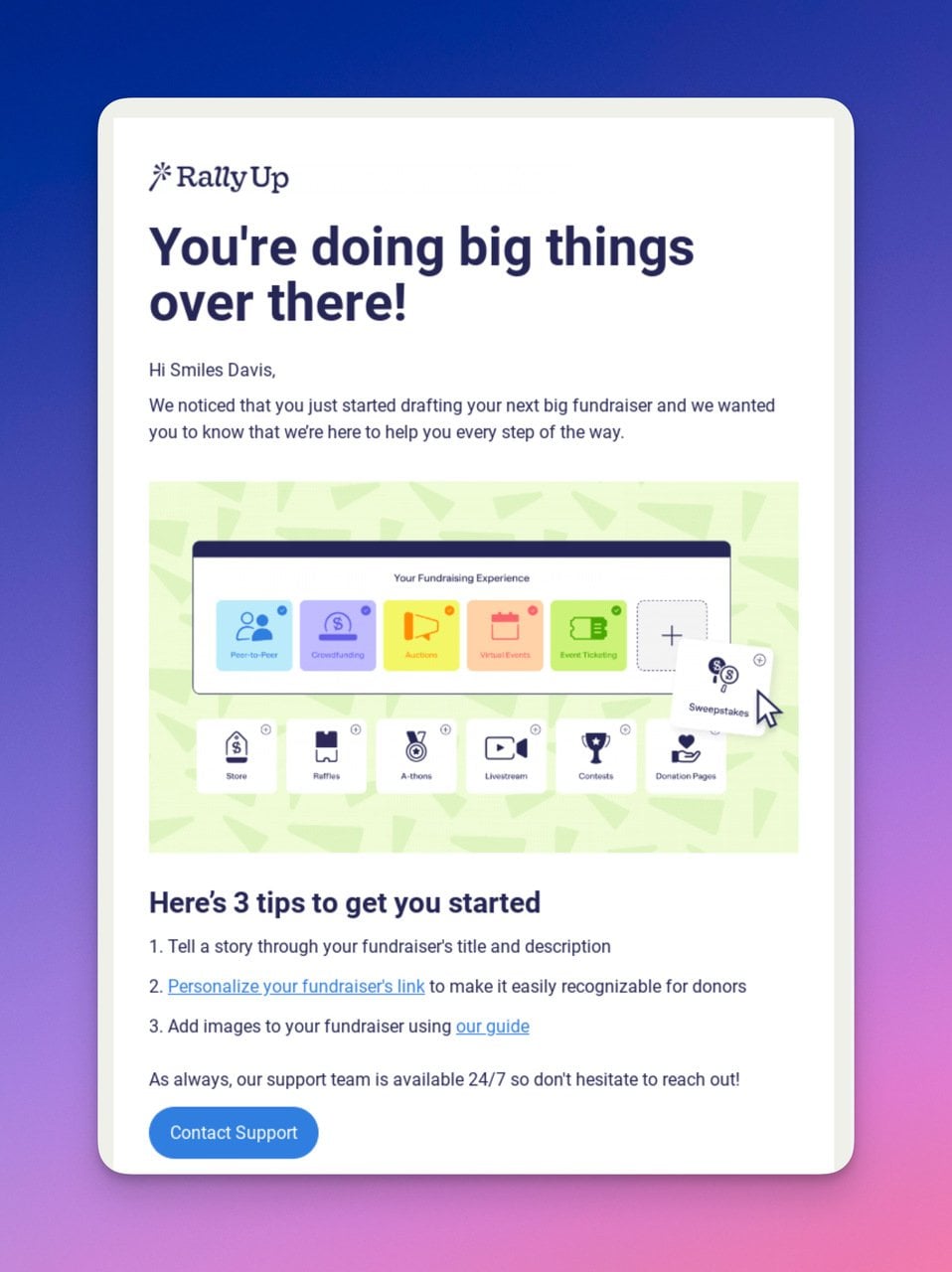 RallyUp confirmation email with embedded onboarding guides and support button
