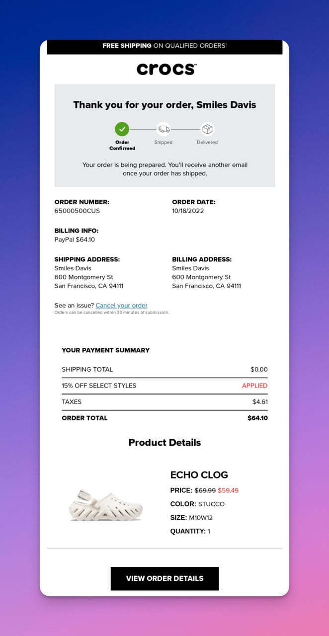 Crocs order confirmation email with payment details and product images