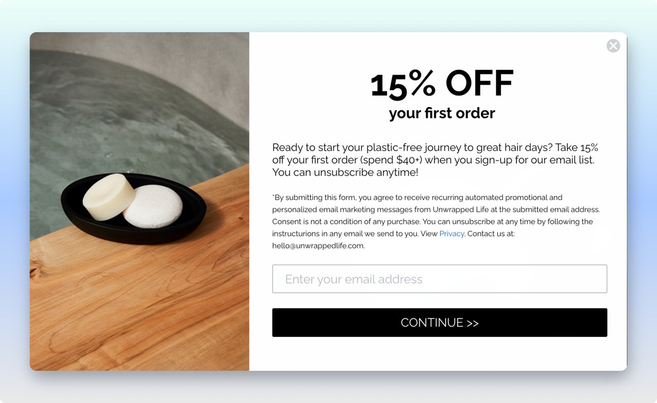 ürün resmi ile email listesi büyütmek için bir indirim popup örneği
