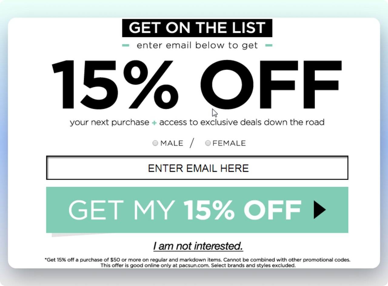 15% indirim kazanmamı sağla yazan yeşil CTA ile email listesi büyütme popupı örneği