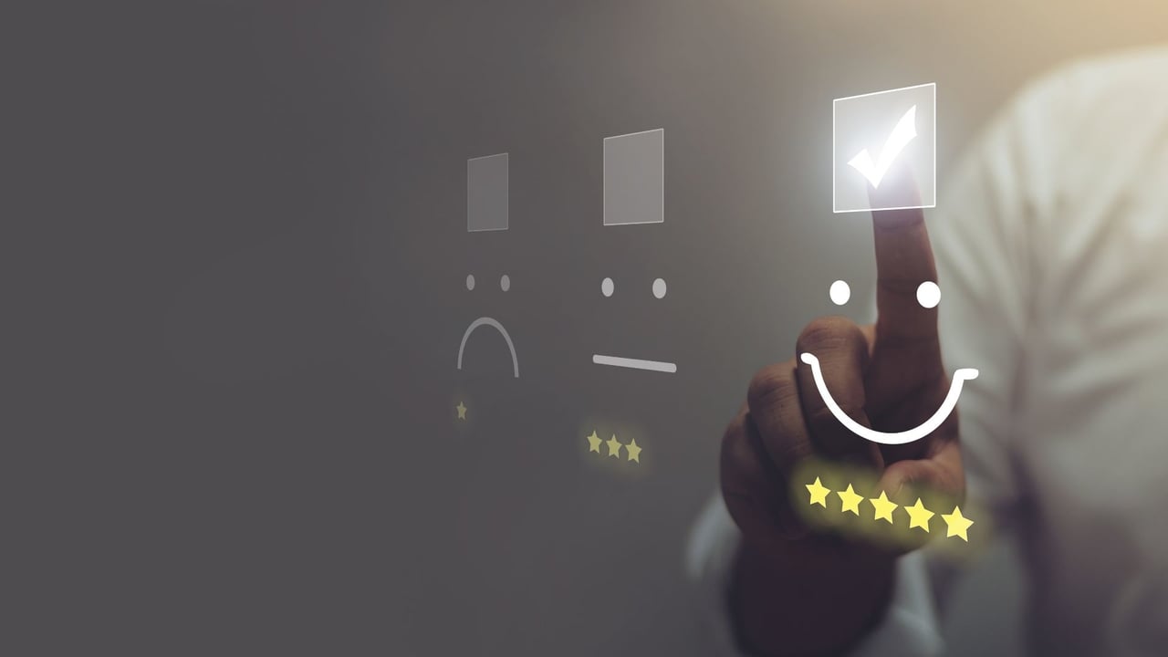 Customer satisfaction star rating selection with finger tapping smiley