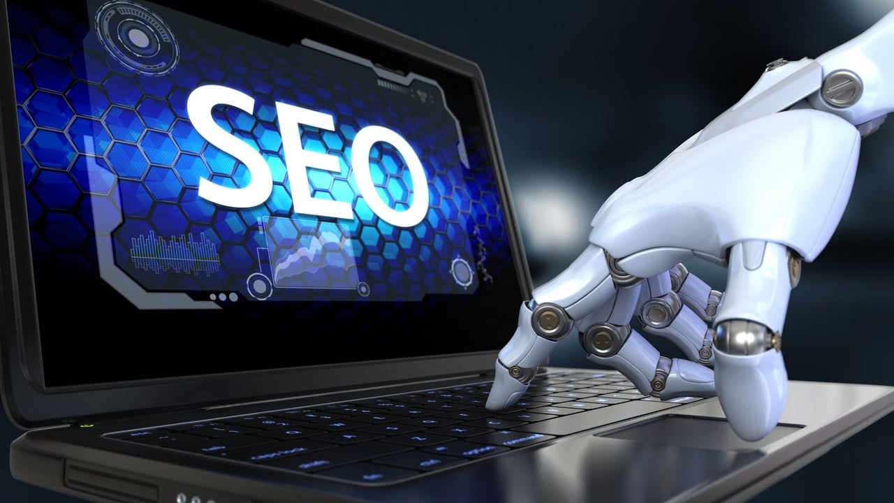 SEO code on screen with mechanical hand signaling AI search era