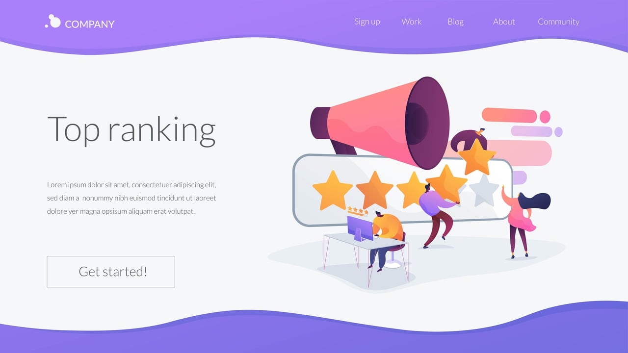 Website review layout with star ratings and positive user figures
