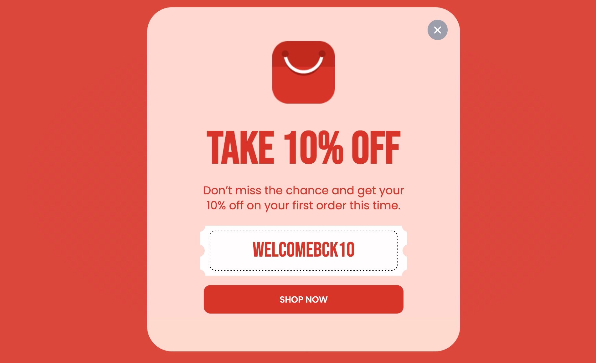 “%10 İNDİRİM AL” yazan yeniden etkileşim kupon kodu pop-up'ı