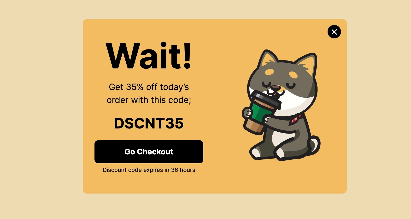 “Dur!” yazan çıkış amacıyla kupon kodu popup örneği