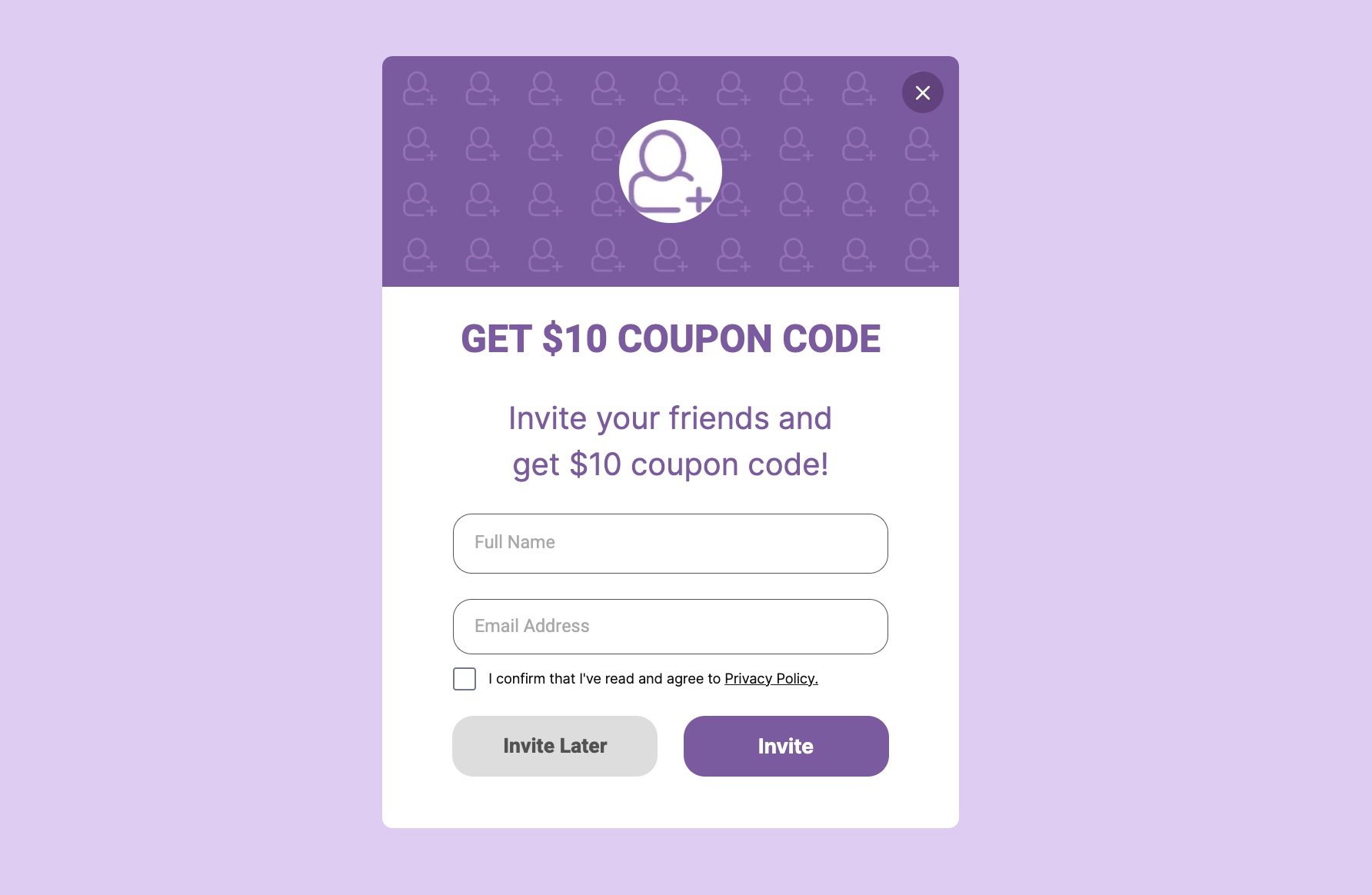 “10$ KUPON KODU AL” yazan müşteri tavsiye kupon kodu pop-up örneği