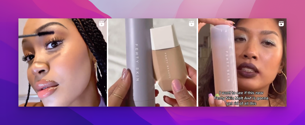 Fenty Beauty'nin Instagram sayfası, ürünlerini kullanıp değerlendiren kadınların resim ve videolarını gösteriyor
