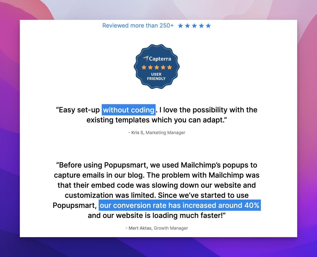 Popupsmart'ın müşteri referansı ve Capterra'dan bir derecelendirme rozeti