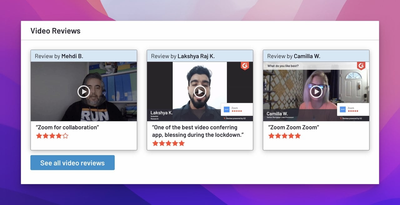Zoom'un G2 üzerindeki video incelemeleri