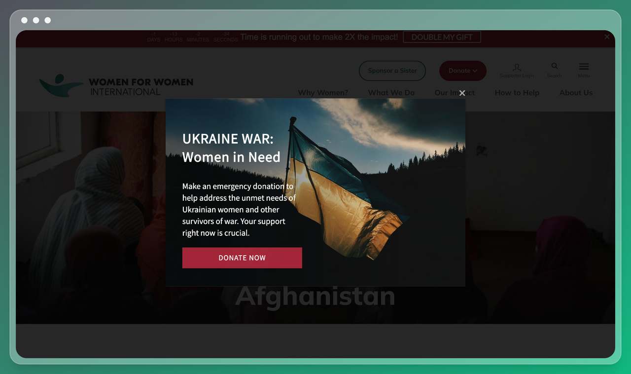 bir sivil toplum kuruluşunun websitesi ekran görüntüsü, Ukrayna bayrağını gösteren ve ziyaretçilerden savaşta ihtiyaç duyan kadınlara yardım etmelerini isteyen bir karşılama pop-up'ı