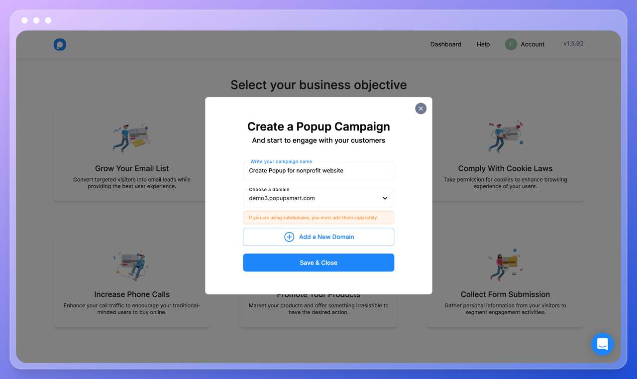 Popupsmart pop-up oluşturma adımı 3: web sitesi alan adı ve kampanya adı ekleme