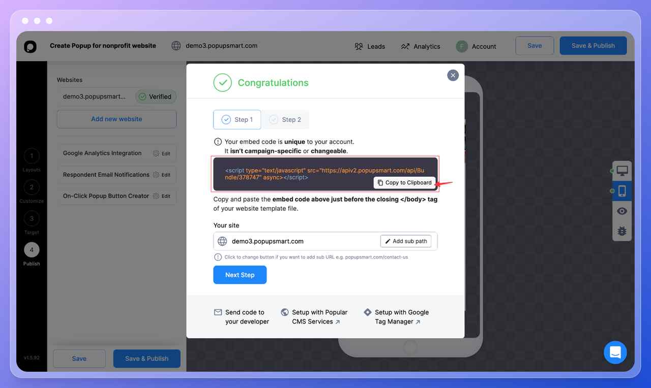 Popupsmart pop-up oluşturma adımı 12: özel bir kod ve 'panoya kopyala' düğmesi ile pop-up kod penceresi