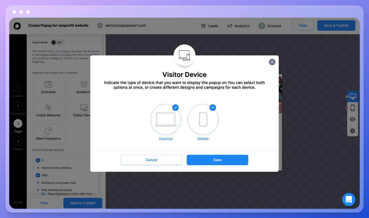 Popupsmart pop-up oluşturma adımı 9: masaüstü ve mobil olmak üzere iki seçenek bulunan ziyaretçi cihazları penceresi
