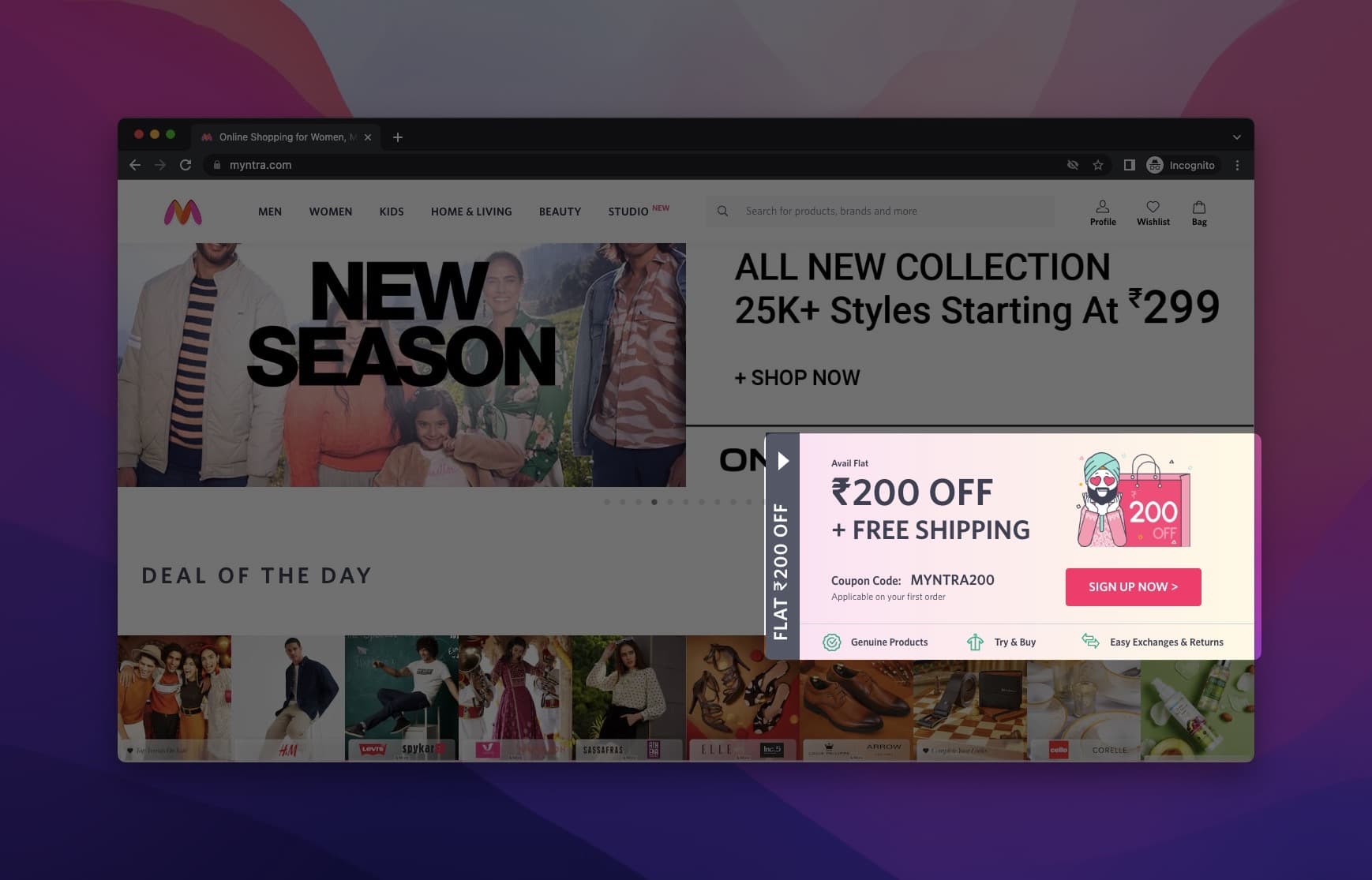 Myntra kupon popup'u, siyah arka plan üzerinde web sitesinin sağ tarafında