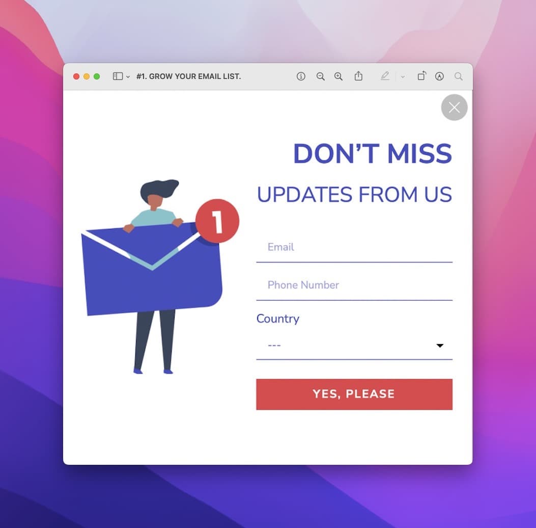 1 numaralı köşesinde bir mektup tutan kadın illüstrasyonu ve yanında bilgi alanları içeren pop-up örneği