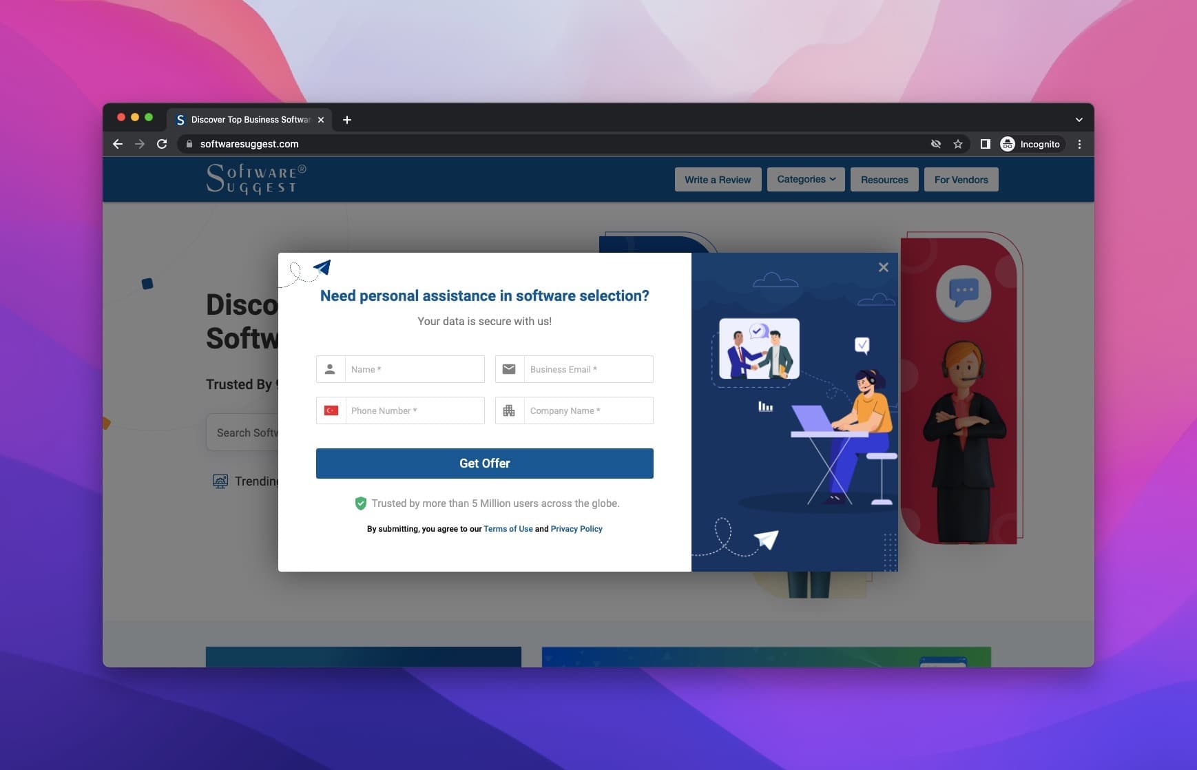 Web sitesinin tasarımıyla uyumlu şekilde, bilgi toplamak için bazı bilgiler isteyen Software Suggest pop-up'ı