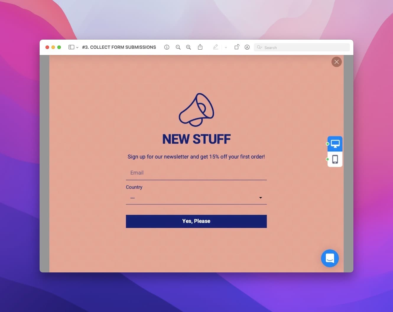 Yeni Şeyler başlığı ve üzerinde megafon illüstrasyonu ile pembe tam ekran bülten pop-up'ı ve altında bilgi kutuları