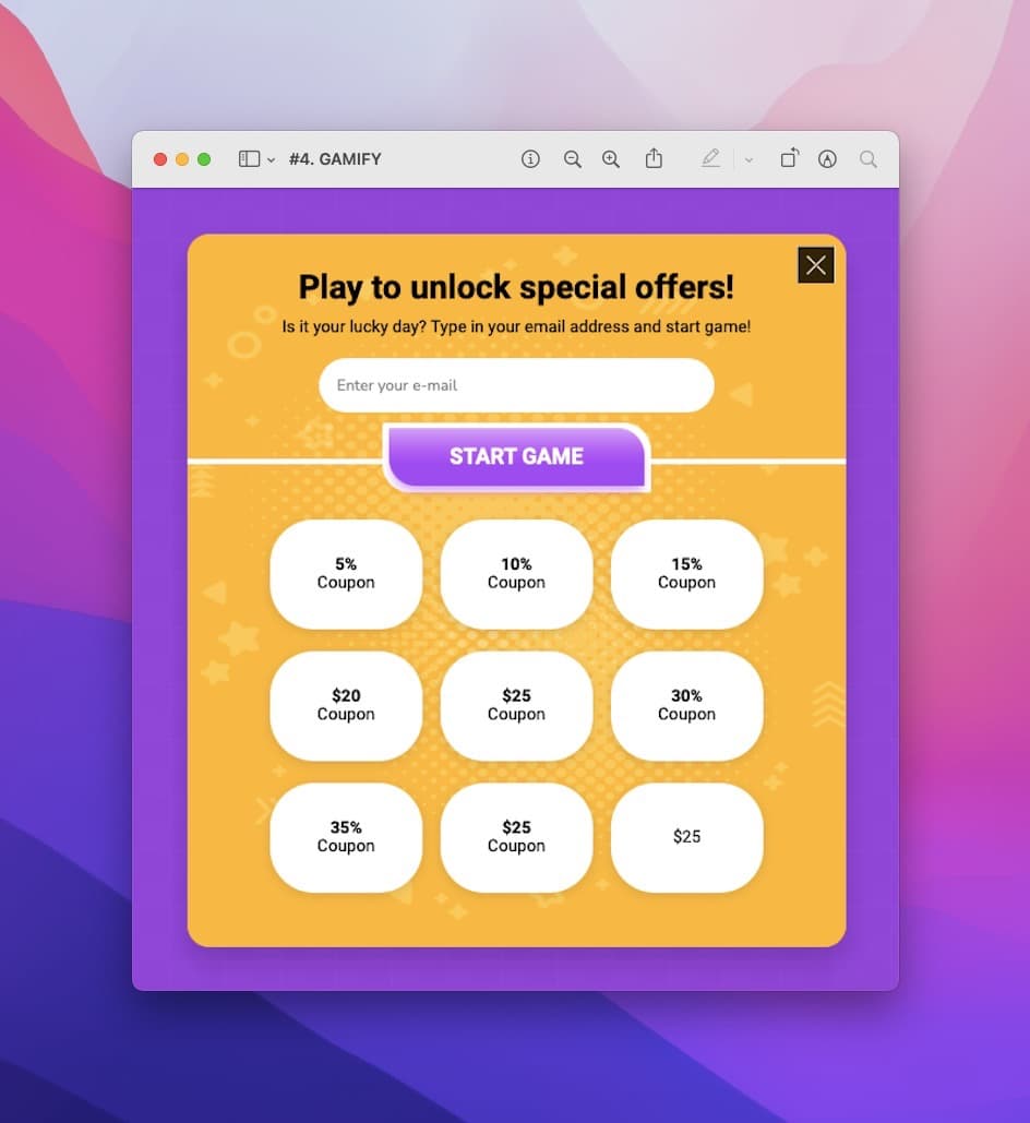 Özel teklifler sunan, oynat düğmesi ve aşağıda farklı indirim oranları bulunan sarı bir oyunlaştırılmış pop-up