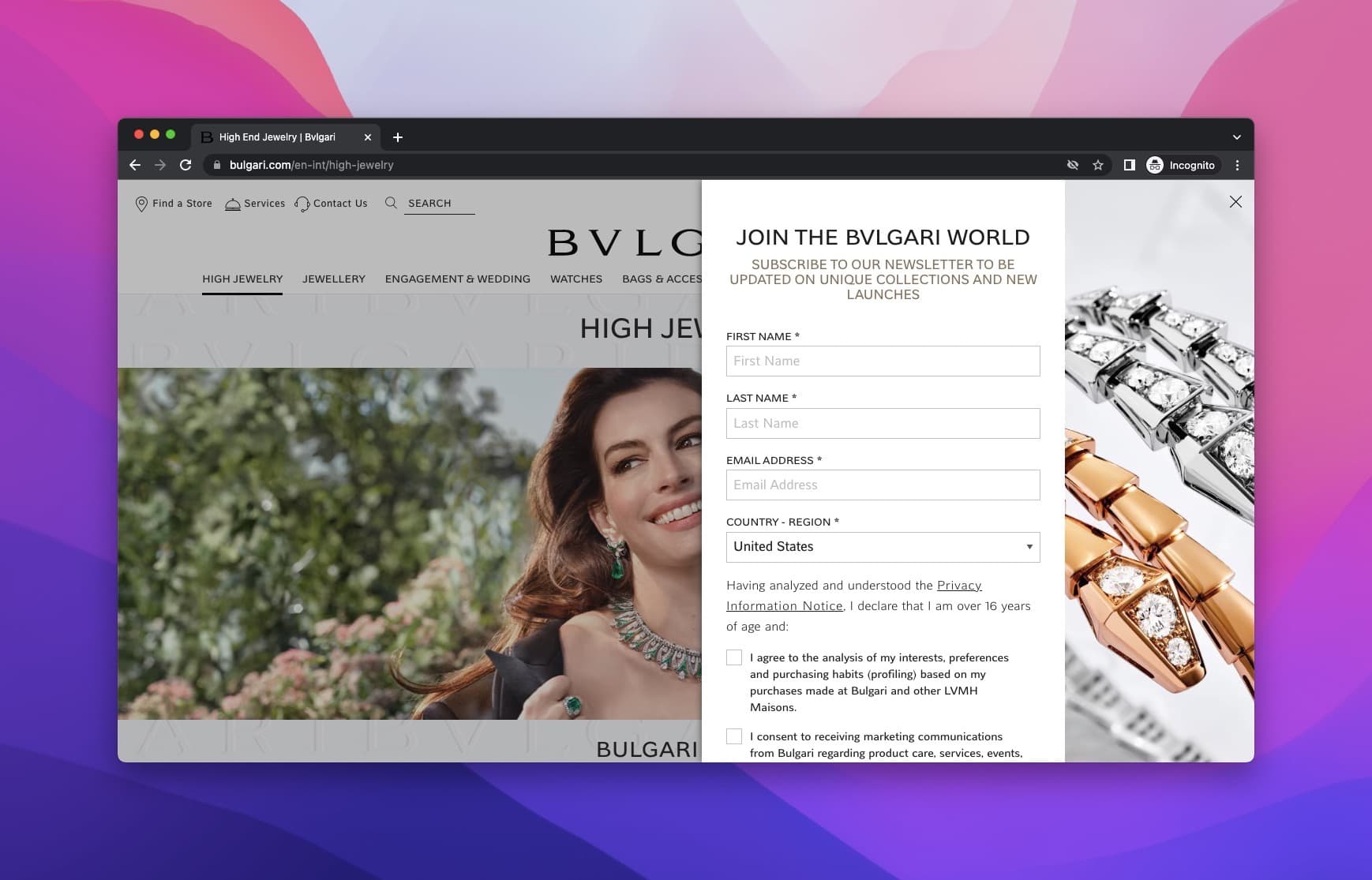 bulgari ana sayfa kenar açılır penceresi sağ tarafta bilgi isteme formu ile, ad, soyad, e-posta adresi vb. bilgileri soruyor