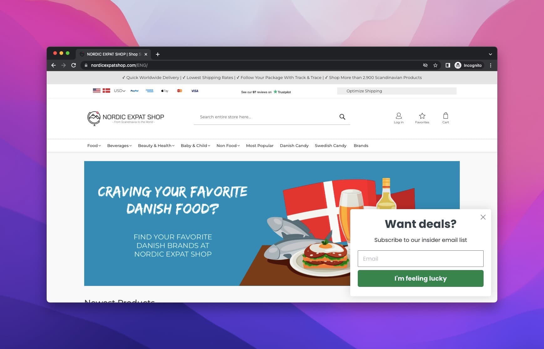 Nordic Göçmen Mağazası'nın sağ tarafında basit bir açılır pencere ile web sitesi
