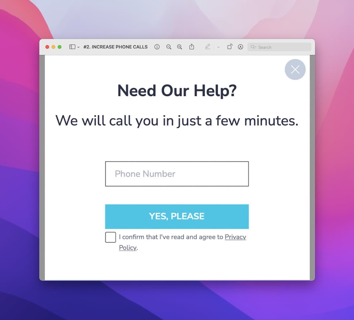 yardım isteyip istemediğinizi ve bir telefon numarası kutusu ile evet, lütfen düğmesini soran telefon arama popup'ı