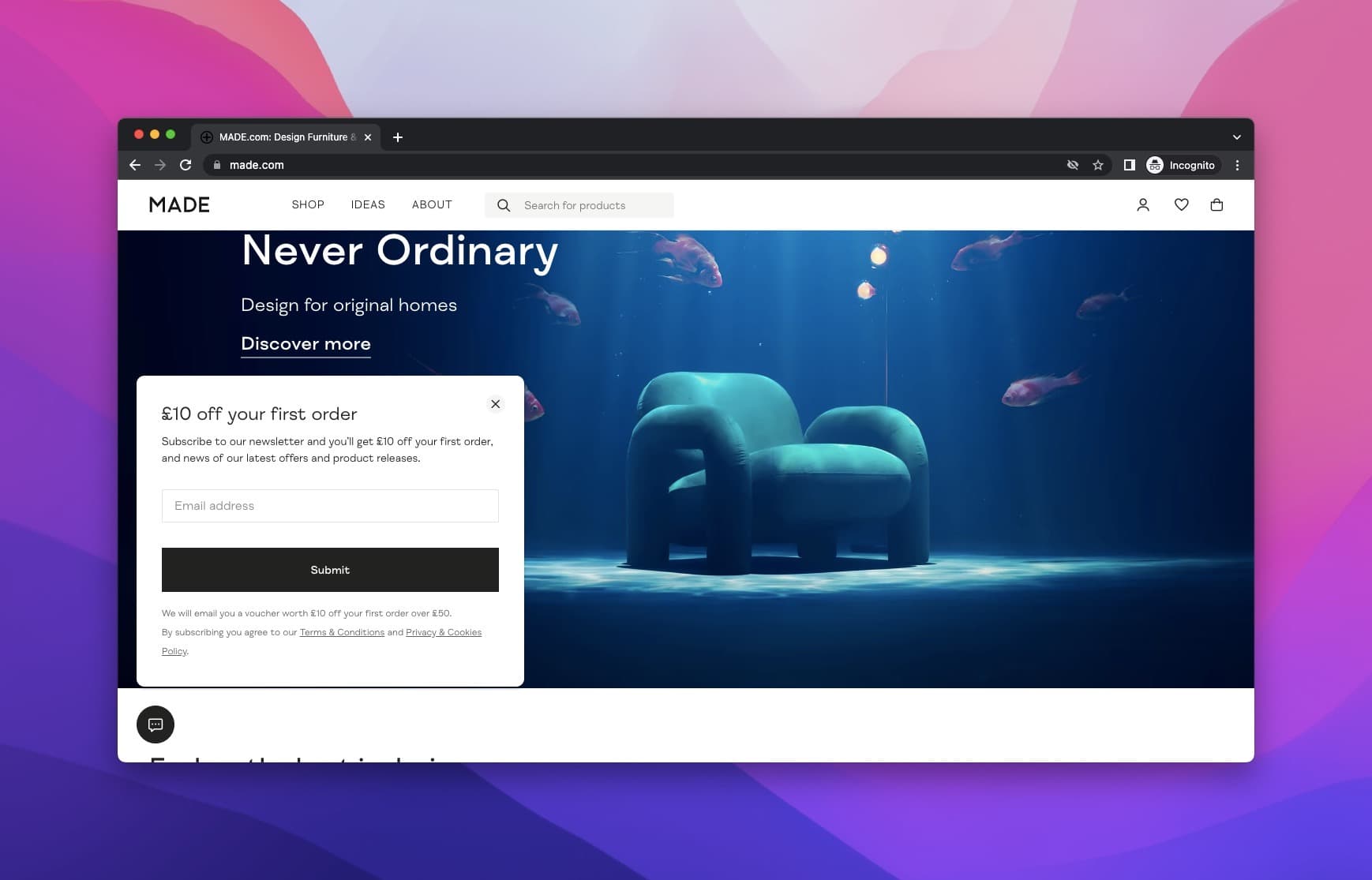 email adresi karşılığında indirim sunan bir pop-up ile kanepe yatakları ve sandalyeli yataklar kategorilerini gösteren made anasayfa
