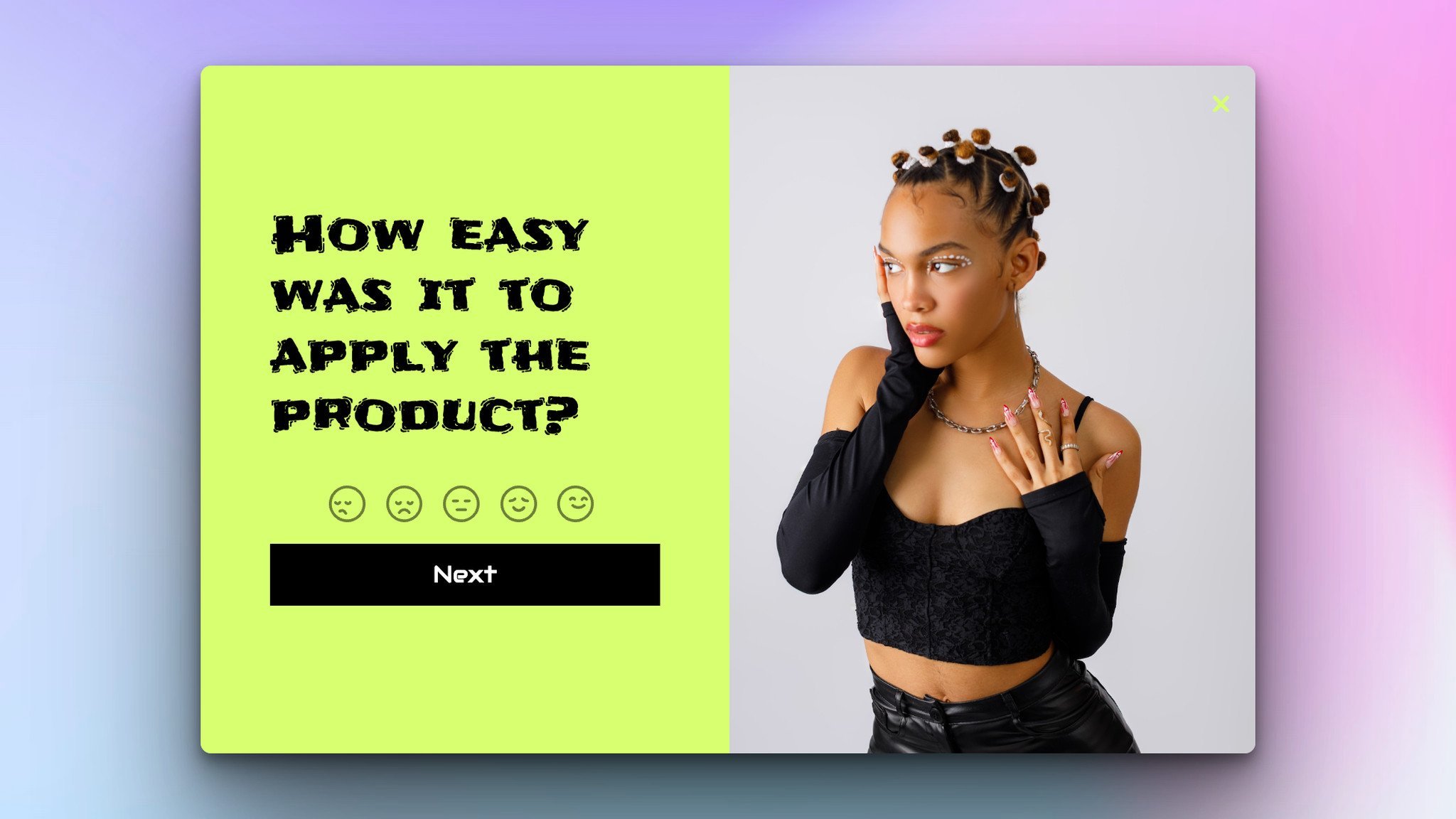 feedback popup example with a neon green color and a question on the left and on the right there is a female posing with black clothes