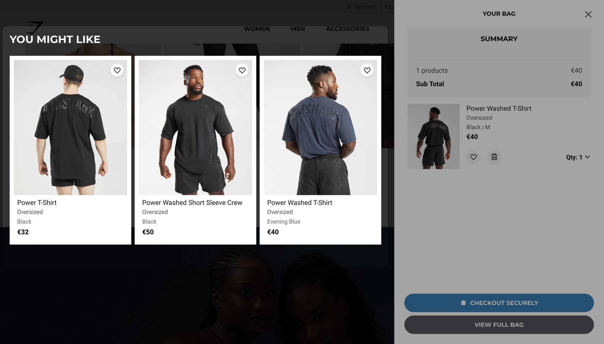 A shopping bag review with a t-shirt in it, and on the left, there is a highlighted “you might like” section showing t-shirts on different male models from different angles