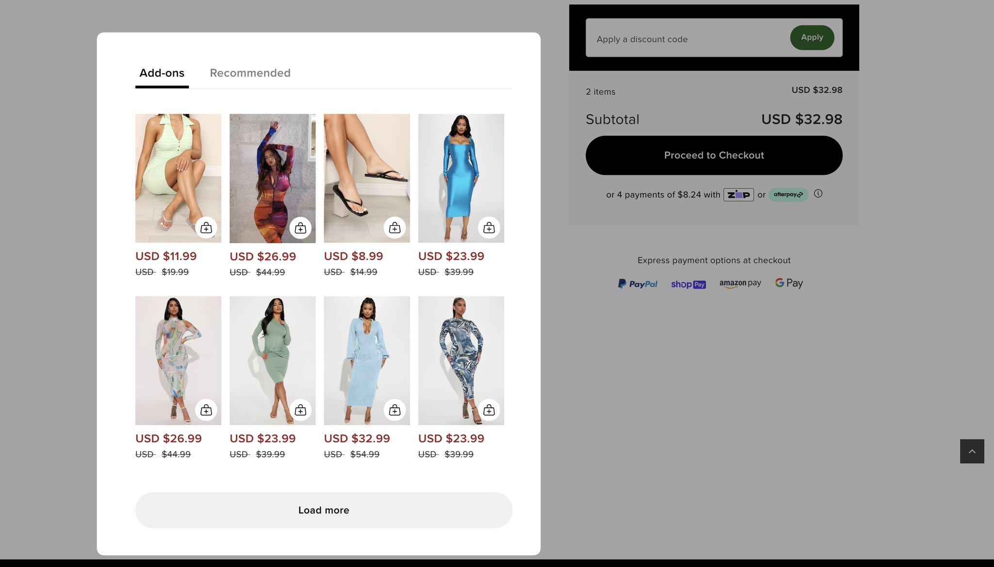 Checkout page highlighting “add-ons” such as dresses and shoes that might go well with the product in the cart with their prices