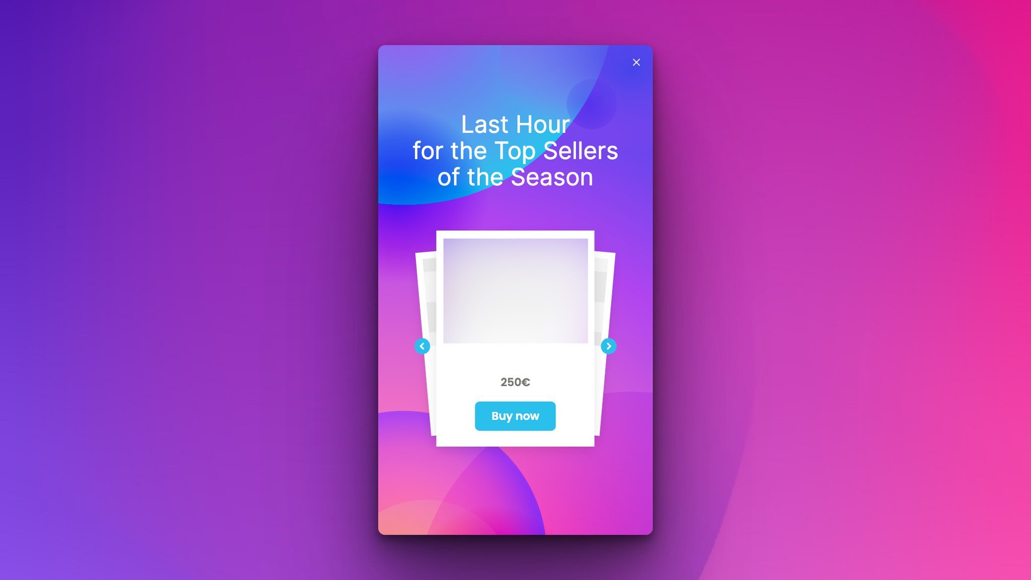 A popup with a blue “buy now” button and last hour offer with a blurry product image all on a pink and purple gradient background