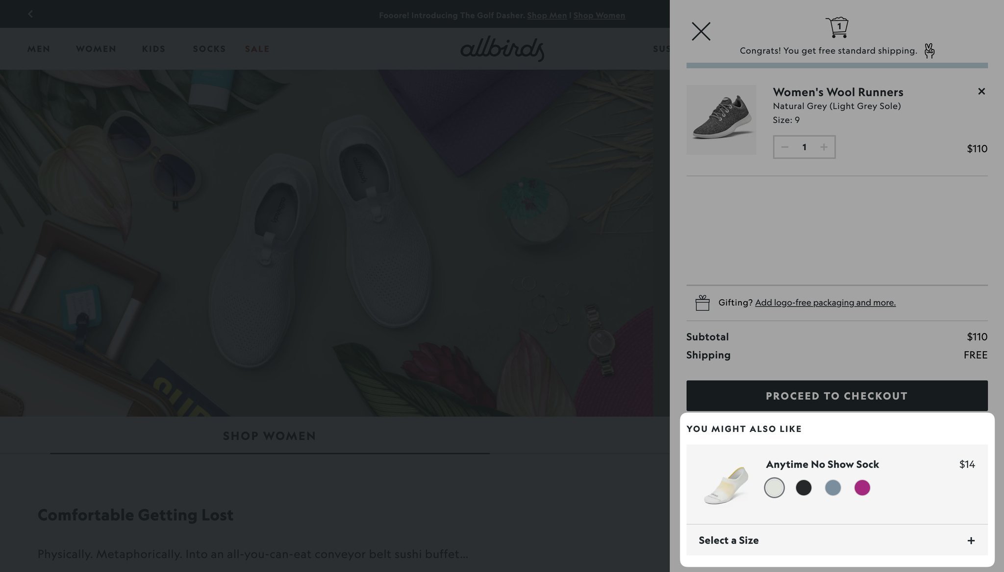 A shopping cart preview with runners in it, and below, there is a highlighted “you might also like” section offering socks
