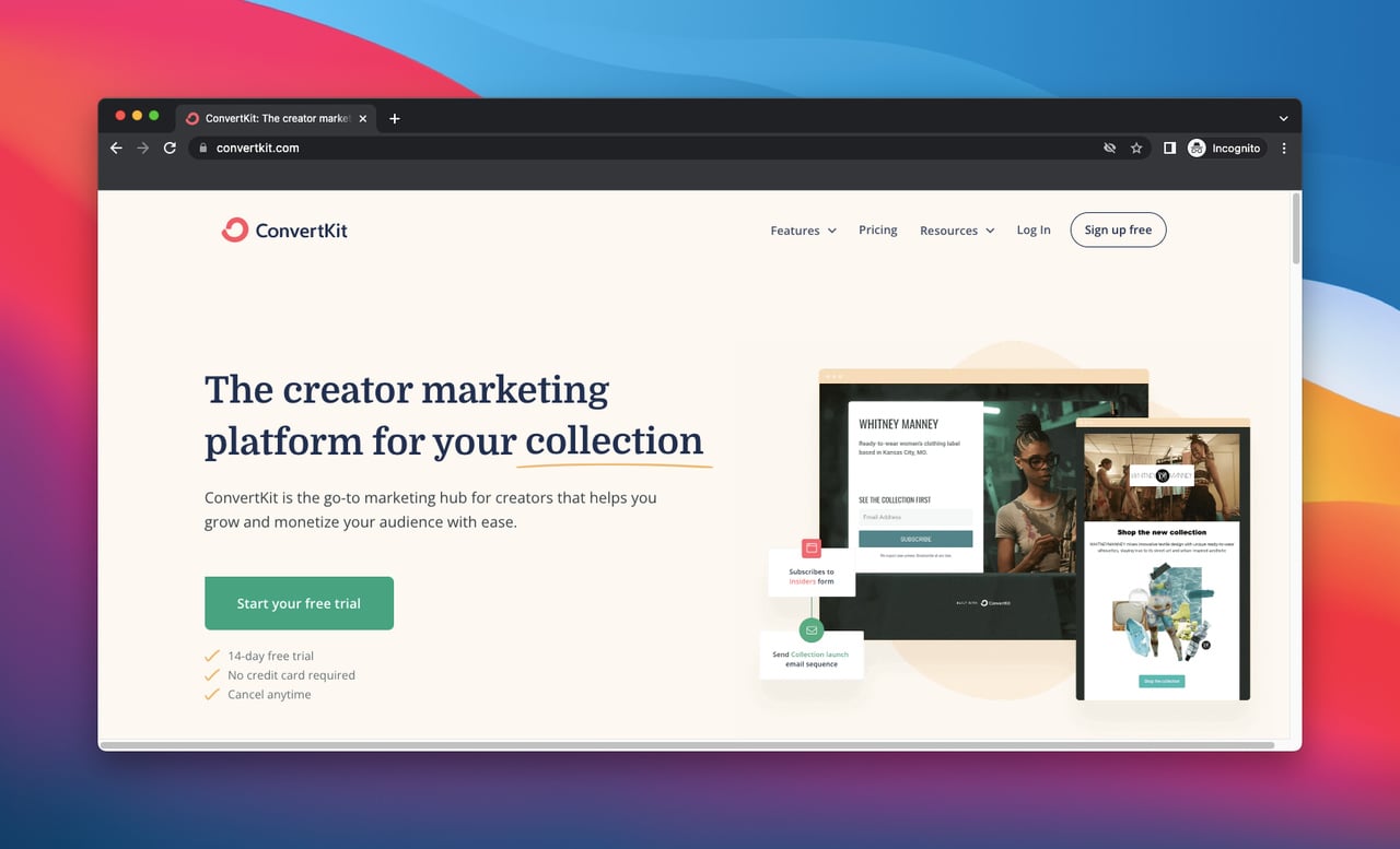 ConvertKit ana sayfası, bir pazarlama otomasyon aracı