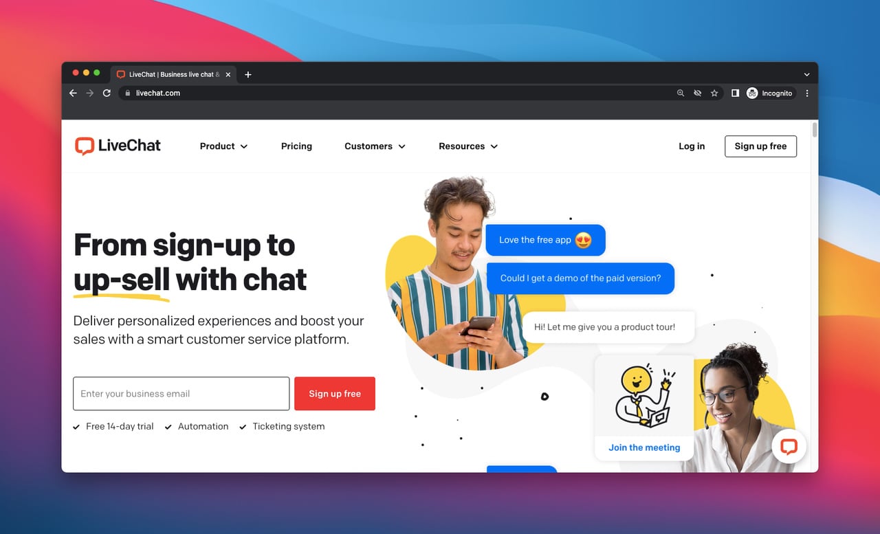 LiveChat'in ana sayfası, bir yardım masası ve müşteri edinme aracı