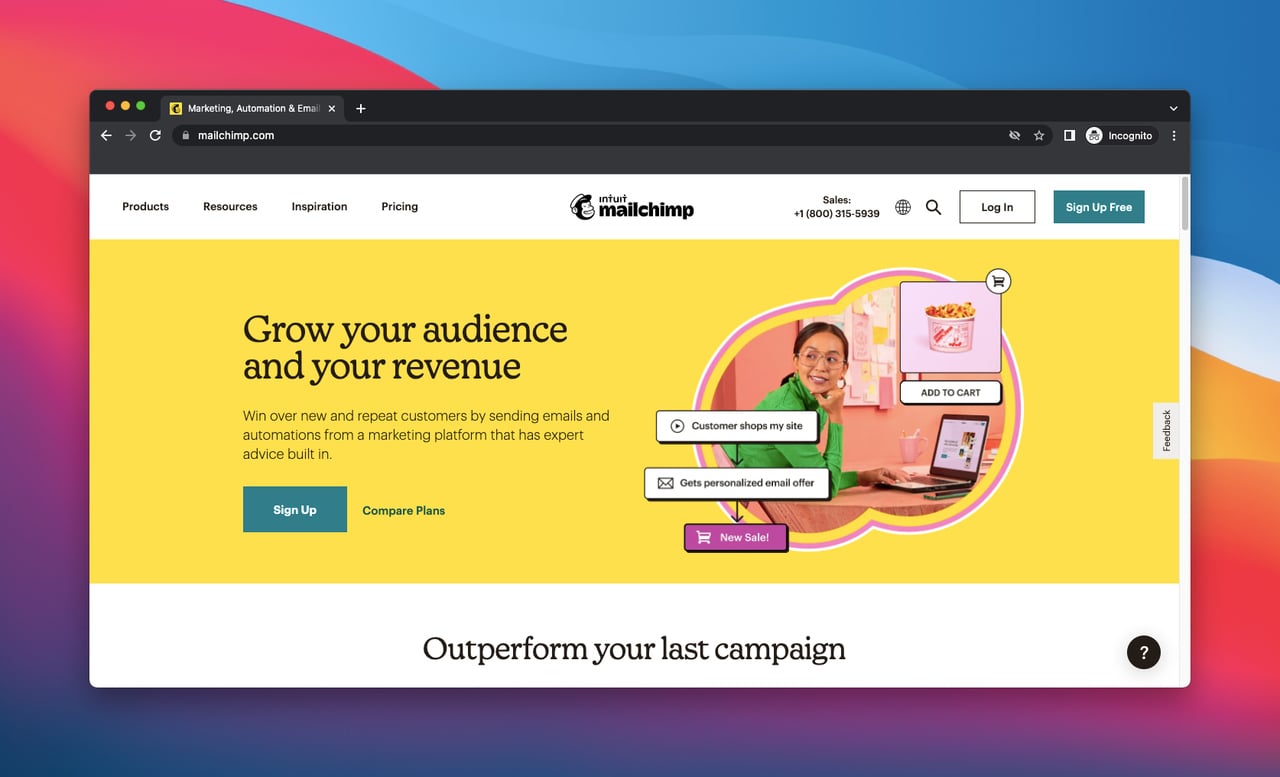 Mailchimp'in ana sayfası, bir pazarlama ve müşteri kazanma aracı